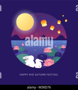 Mid Autumn Festival. Chuseok, Chinese wording translation Mid Autumn. Vector banner, background and poster with mooncake, rabbits, bunnies and full mo