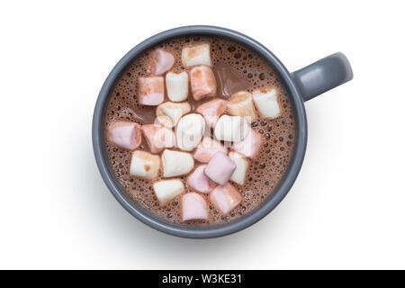 Hot chocolate with small pink and white marshmallows in a blue-grey ceramic mug isolated on white from above. Stock Photo