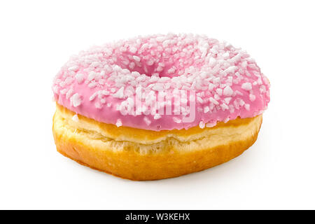 Pink frosted donut sprinkled with crystal sugar isolated on white. Stock Photo