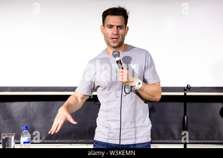 Northampton, UK. 14th July, 2019. Comedian Simon Brodkin performs on day 2 of the 2019 Comedy Crate Comedy Festival in Northampton. Credit: SOPA Images Limited/Alamy Live News Stock Photo