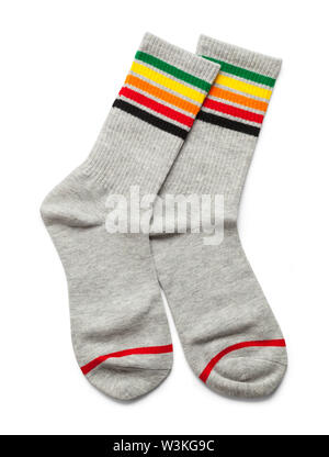 Two Grey Socks with Stripes Isolated on White. Stock Photo