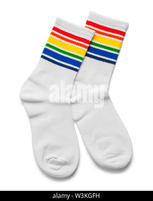 Two White Socks with Rainbow Stripes Isolated on White. Stock Photo