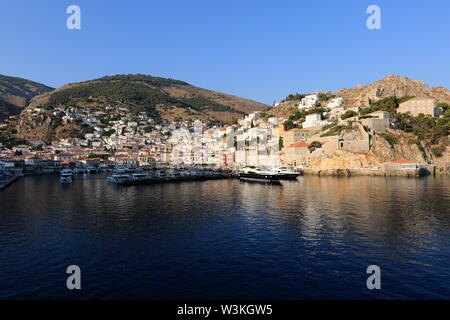 Panoramic view Hydra Harbor,  Hydra Town, Hydra Island, Greece Stock Photo
