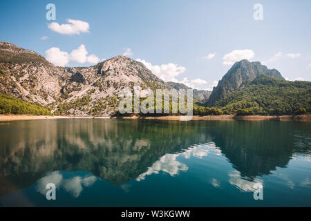Green canyon in a mountain reservoir, Turkey, Clear bluew water of river Manavgat Stock Photo
