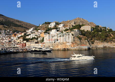 Panoramic view Hydra Harbor,  Hydra Town, Hydra Island, Greece Stock Photo