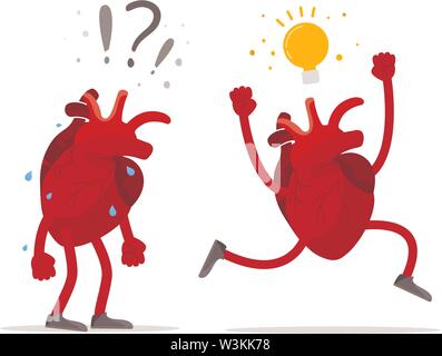 Idea generation concept Talent. Human heart organ with question sign and with idea bulb isolated on white background Stock Vector