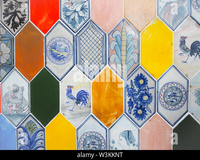 Variety of colorful hexagon ceramic tiles with intricate designs Stock Photo