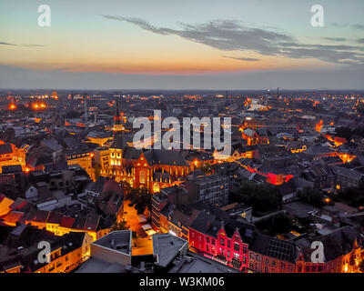 Hasselt city center aerial view shortly after sunset, Limburg province, Belgium Stock Photo