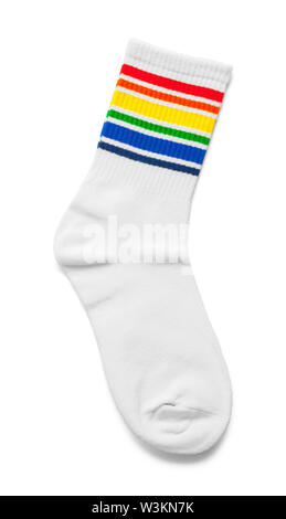 Single White Sock with Rainbow Stripes Isolated on White. Stock Photo