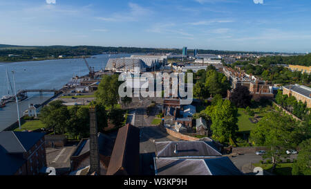 Chatham Historic Dockyard in Kent, UK, seen from the air above the Rope Walk rope making buildings Stock Photo