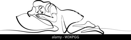 Continuous one art line drawing sketch. Sleeping little girl. Vector illustration Stock Vector