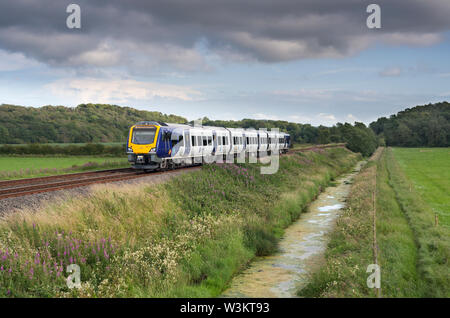 A Northern train travelling between Silverdale and Arnside, Cumbria, UK ...