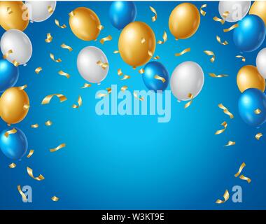 Colored blue, white and gold balloons and golden confetti on a blue background with space for your text. Colorful birthday anniversary background Stock Vector
