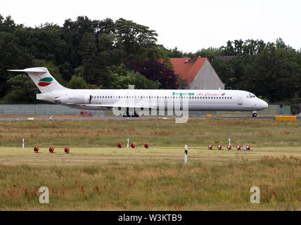 Berlin, Germany. 13th July, 2019. An aircraft of the airline Bulgarian Air Charter is waiting at Tegel Airport for take-off clearance. Credit: Soeren Stache/dpa/Alamy Live News Stock Photo