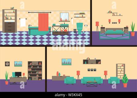 Interior office, bedroom, bathroom, living room in modern style. A complete set of furniture and decorations for the cabinet Vector flat illustration. Stock Vector