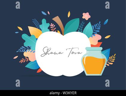 Rosh Hashana, Jewish holiday, New year scene with an apple, honey, flowers and leaves. Flat cartoon vector illustration for Jewish religious holiday c Stock Vector