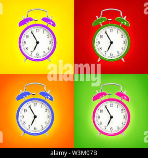 Alarm clocks isolated on colorful background. Pink, blue green and purple wake up alarm clock cut outs. Classic style bell alarm clock. Stock Photo