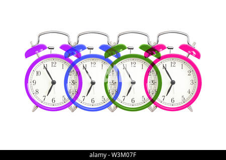 Alarm clock design on white. Colorful bell alarm clocks overlapping. Stock Photo