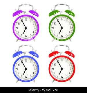 Alarm clocks isolated on white background. Red, blue green and purple wake up alarm clock cut outs. Classic style bell alarm clock. Stock Photo