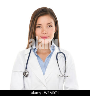Medical people: Young asian doctor woman. Female medical doctor smiling portrait. Multiracial Asian / Caucasian woman medical professional isolated on white background.