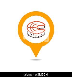 Steak of red fish salmon pin map icon. Farm animal Map pointer. Map marker. Graph symbol for your web site design, logo, app, UI. Vector illustration Stock Vector