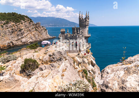 Gaspra, Crimea - July 7. 2019. Castle of Swallows Nest on Cape Ai-Todor of Black Sea coast Stock Photo