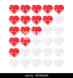 Five hearts rating icons. Evaluation of the hotel, service, product, quality. Level results or lifes in the game. Element of the interface. Simple fla Stock Vector