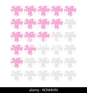 Five hearts rating icons. Evaluation of the hotel, service, product, quality. Level results or lifes in the game. Element of the interface. Simple fla Stock Vector