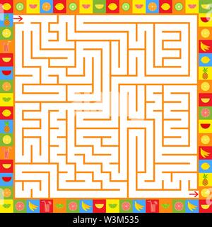 Abstract square isolated labyrinth of orange color. With a stroke of citrus on bright squares. An interesting and useful game for children and adults. Stock Vector