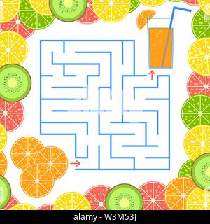Abstract simple square isolated labyrinth. Blue color on a white background. An interesting game for children. Find the way from fruit to juice. Simpl Stock Vector