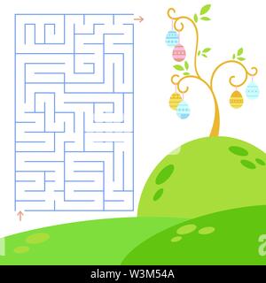Abstract colored simple isolated labyrinth. Blue color on a white background. Against the background of the Easter tree with eggs. An interesting game Stock Vector