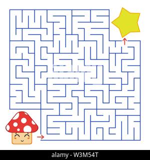 Abstract simple square isolated labyrinth. Blue color on a white background. An interesting game for children. Find the path from the cartoon mushroom Stock Vector