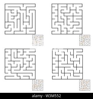 Abstract simple square isolated labyrinth. Four options. Black color on a white background. An interesting game for children and adults. Simple flat v Stock Vector