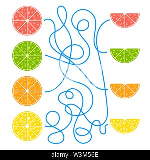 A tangled simple isolated labyrinth of ropes. Find the way from the fruit to his half. Stock Vector