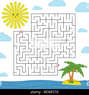 Abstract square isolated labyrinth. Black color on a white background. With lovely cartoons. An interesting game for children. Simple flat vector illu Stock Vector