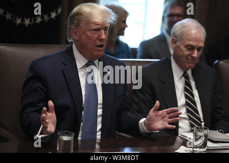 Washington, District of Columbia, USA. 16th July, 2019. United States President Donald J. Trump joined by Acting US Secretary of Defense Richard V. Spencer, speaks during a Cabinet Meeting in the Cabinet Room of the White House, on July 16, 2019 in Washington, DC Credit: Oliver Contreras/CNP/ZUMA Wire/Alamy Live News Stock Photo