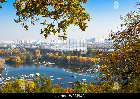 Panoramic view of district Podil and the Dnipro river in Kyiv at autumn Stock Photo