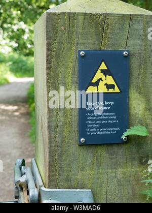 Gatepost with livestock warning sign alerting walkers and dog owners to the presence of animals on the footpath beyond, Derbyshire, UK Stock Photo