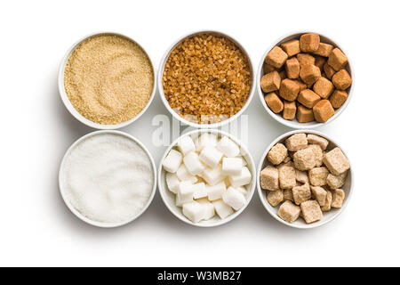 Brown and white sugar in bowls isolated on white background. Stock Photo