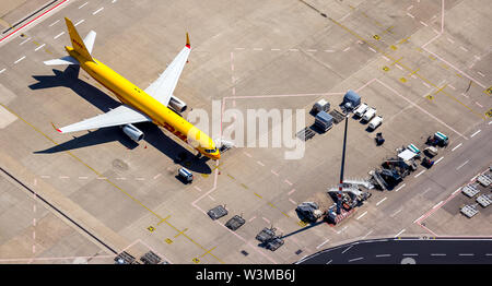 , Aerial photograph of the airport Cologne/Bonn 'Konrad Adenauer' with DHL freight aircraft on the apron, international commercial airport in the sout Stock Photo