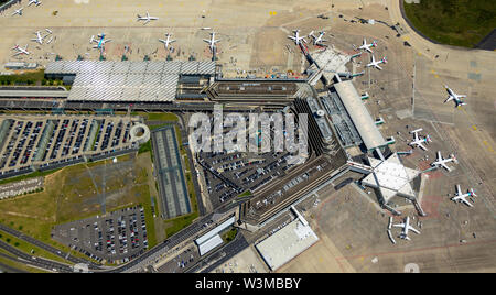 Aerial photo of the airport Cologne/Bonn 'Konrad Adenauer' with handling fingers, gates with travel jets, commercial aircrafts, international commerci