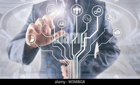 Business applications icons on blurred background. Financial and trading. Internet technology concept. Stock Photo