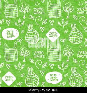 Seamless pattern with hand drawn sign. Vector white inscription zero waste and eco mesh bag. Stock Vector