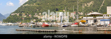 COMO, LAKE COMO, ITALY - JUNE 2019: Panoramic view of boats in the harbour at the boat yard of the Como Yacht Club in Como on Lake Como Stock Photo