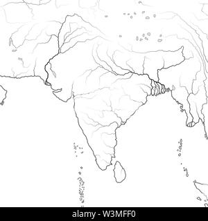 World Map of INDIAN SUBCONTINENT: India, Pakistan, Nepal, Himalayas, Tibet, Bengal, Ceylon, The Maldives, Indian Ocean And Hindustan Peninsula. Chart. Stock Photo