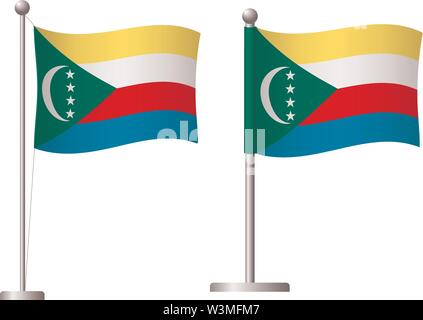 Comoros flag on pole. Metal flagpole. National flag of Comoros vector illustration Stock Vector