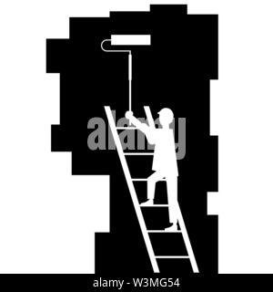 Painter with Roller Painting Wall. Worker on Ladder Paints Home. Renovation and Repair Service Concept Stock Vector