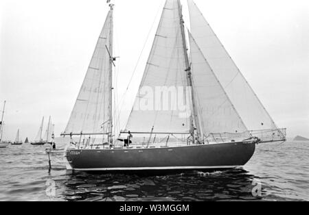 AJAXNETPHOTO. 5TH JUNE, 1976. PLYMOUTH, ENGLAND.  - OSTAR 1976 - SINGLE-HANDED RACE - ITALIAN ENTRY TEVA SKIPPERED BY IDA CASTIGLIONI AT THE START. PHOTO:JONATHAN EASTLAND/AJAX REF:2760506 20A Stock Photo