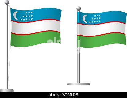 Uzbekistan flag on pole. Metal flagpole. National flag of Uzbekistan vector illustration Stock Vector