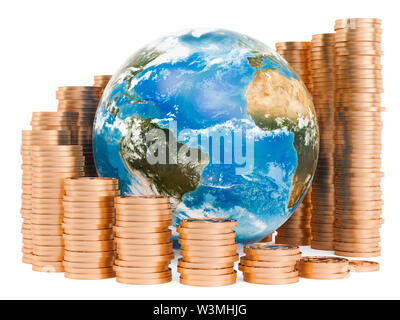Earth Globe with growing chart from gold coins around. Global economic growth concept, 3D rendering isolated on white background Stock Photo